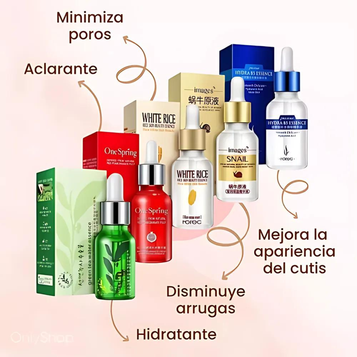 5 Serum Acido Hialuronico White Rice Te Verde Granada Snail OnlyShop Mexico