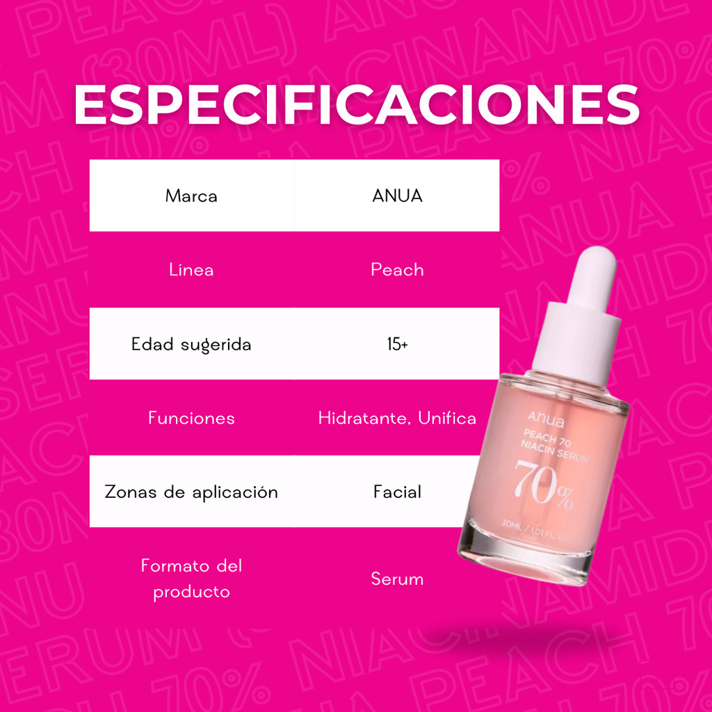 Anua Peach 70% Serum Tratamiento De Hiperpigmentación Momento de aplicación Día/Noche Tipo de piel Mixta OnlyShop Mexico