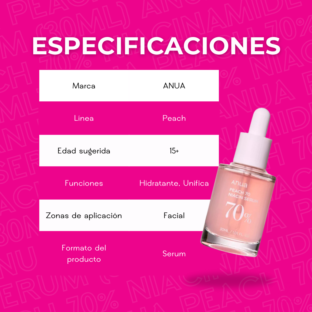Anua Peach 70% Serum Tratamiento De Hiperpigmentación Momento de aplicación Día/Noche Tipo de piel Mixta OnlyShop Mexico