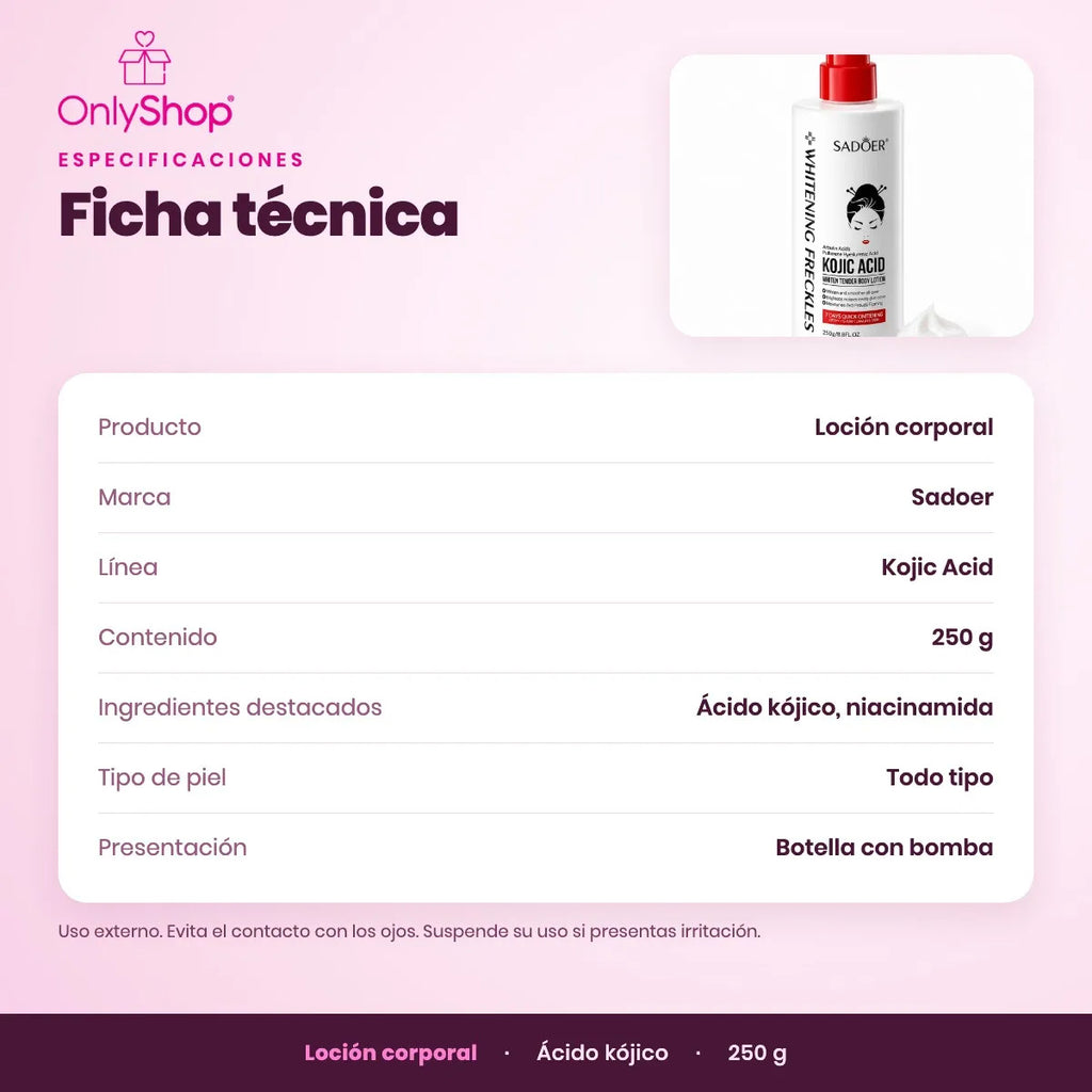 Loción Corporal Ácido Kójico Sadoer 250 g Hidratante | OnlyShop