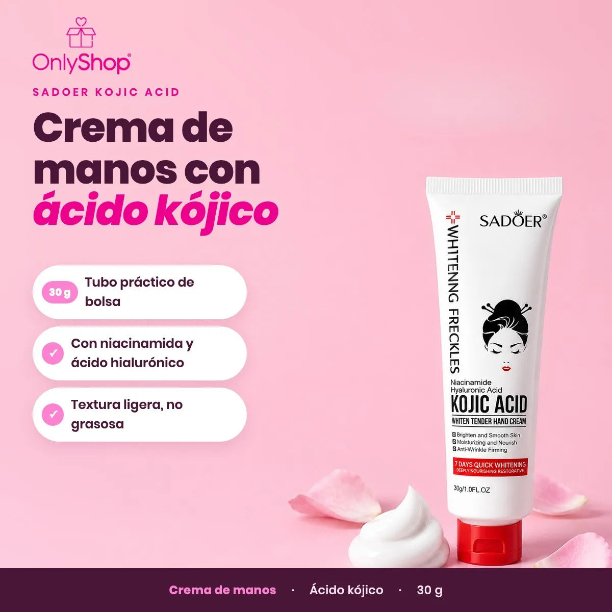 Crema de Manos Ácido Kójico Sadoer 30 g con Niacinamida | OnlyShop