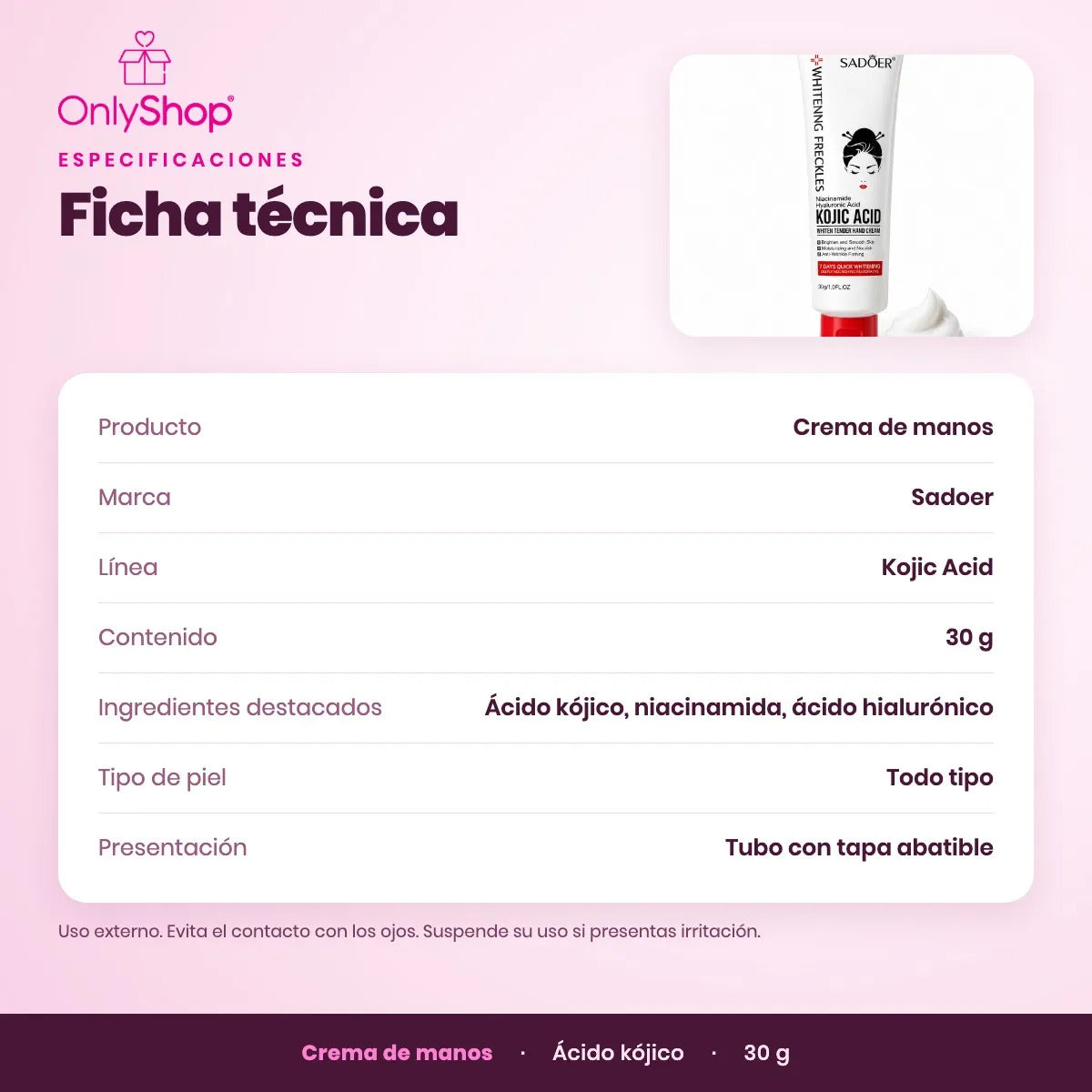 Crema de Manos Ácido Kójico Sadoer 30 g con Niacinamida | OnlyShop