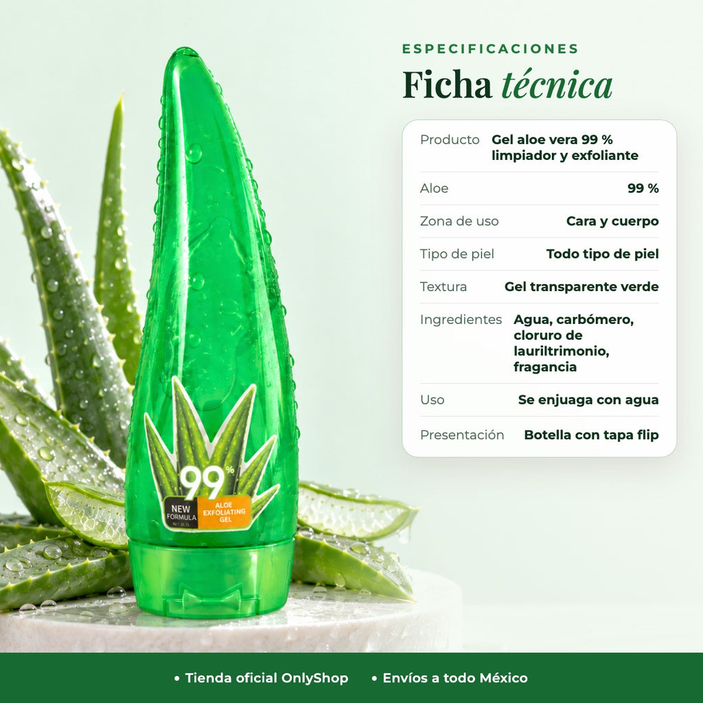 Gel de Aloe Vera 99% Limpiador y Exfoliante para Cara y Cuerpo — Ficha técnica | OnlyShop