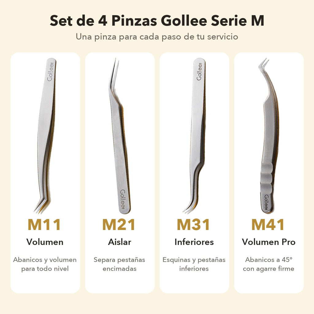 Set 4 Pinzas para Extensiones de Pestañas Gollee Serie M (M11, M21, M31, M41)