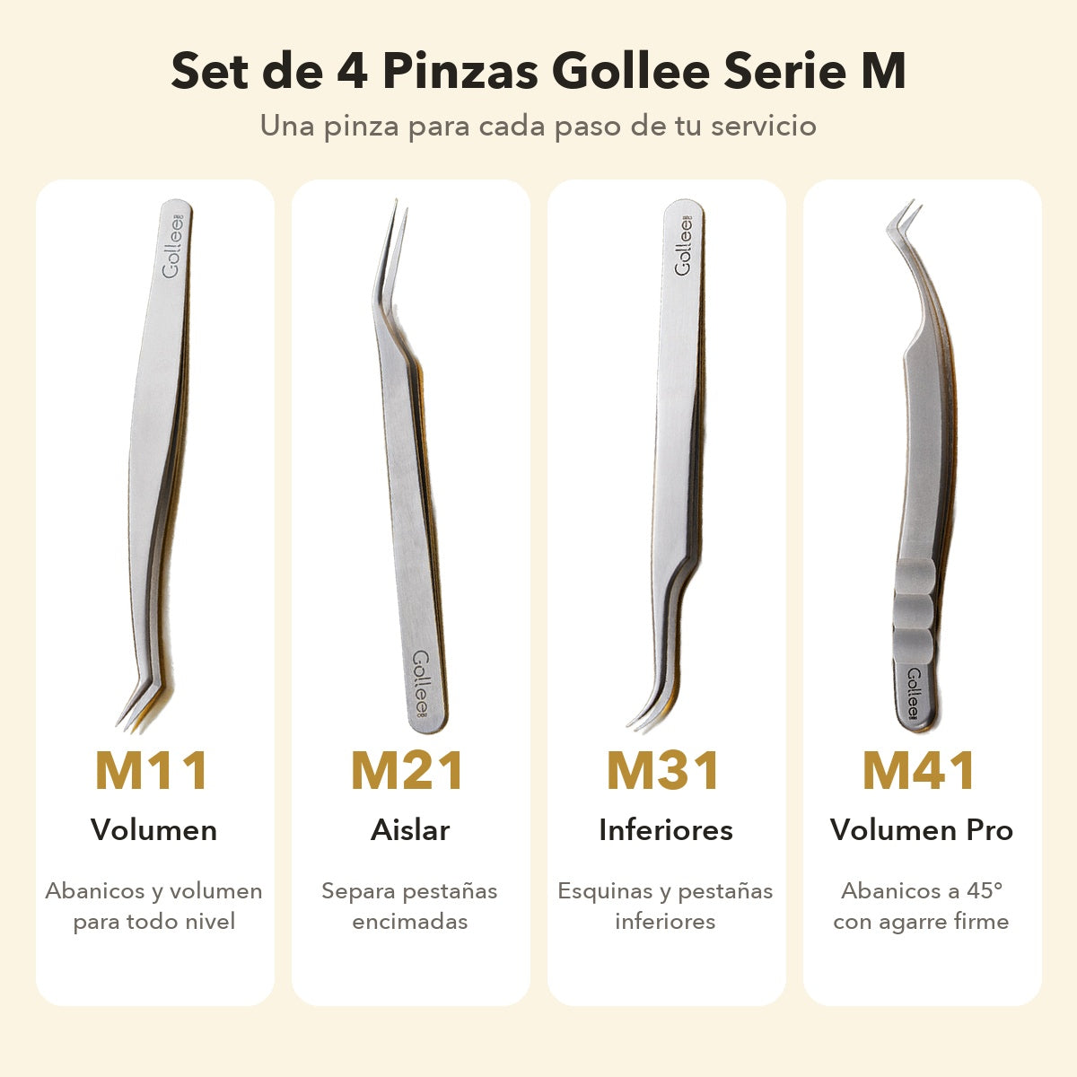 Set 4 Pinzas para Extensiones de Pestañas Gollee Serie M (M11, M21, M31, M41)
