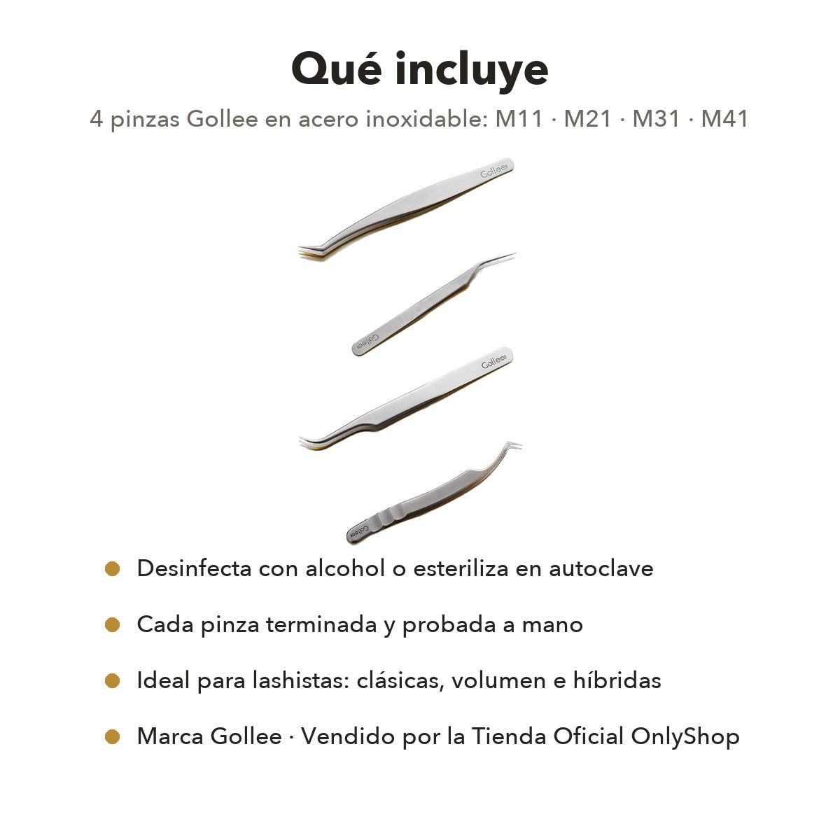 Set 4 Pinzas para Extensiones de Pestañas Gollee Serie M (M11, M21, M31, M41)