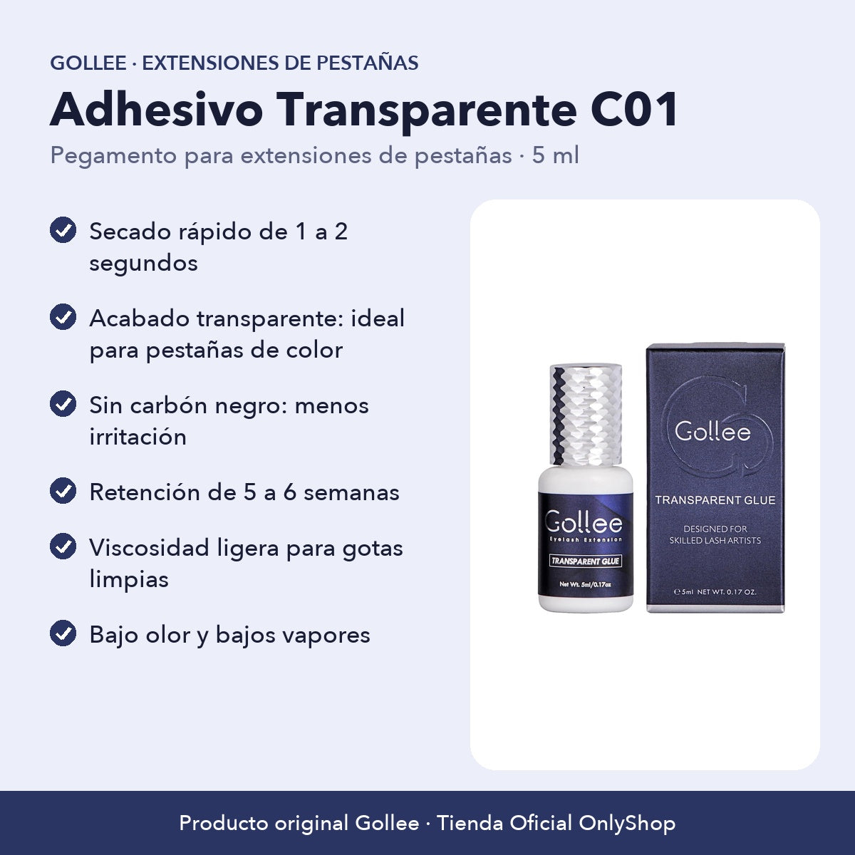 Adhesivo Transparente para Extensiones de Pestañas Gollee C01 5 ml