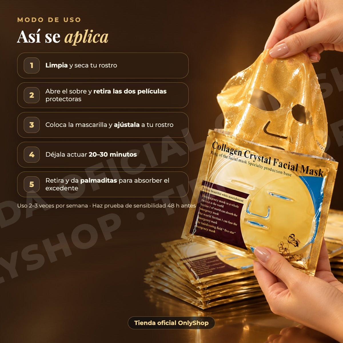 Mascarilla facial dorada de colágeno 24k paquete 200 piezas