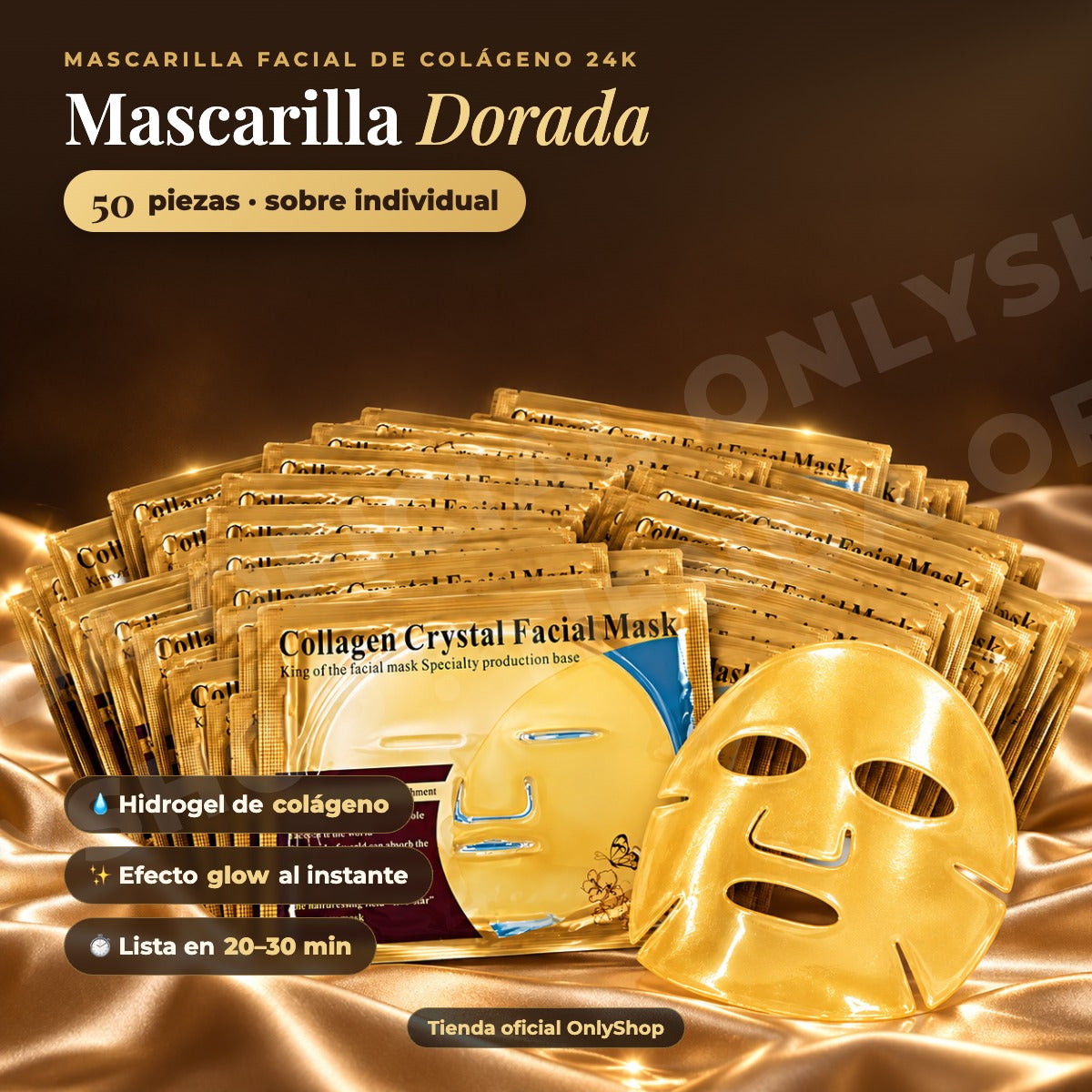 Mascarilla facial dorada de colágeno 24k paquete 50 piezas