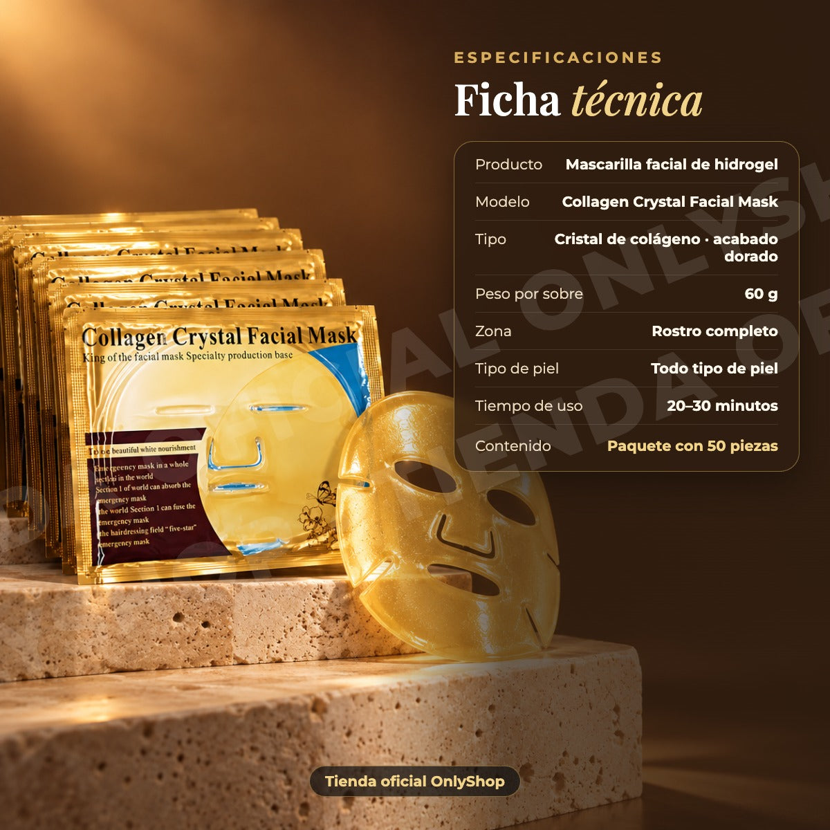 Mascarilla facial dorada de colágeno 24k paquete 50 piezas