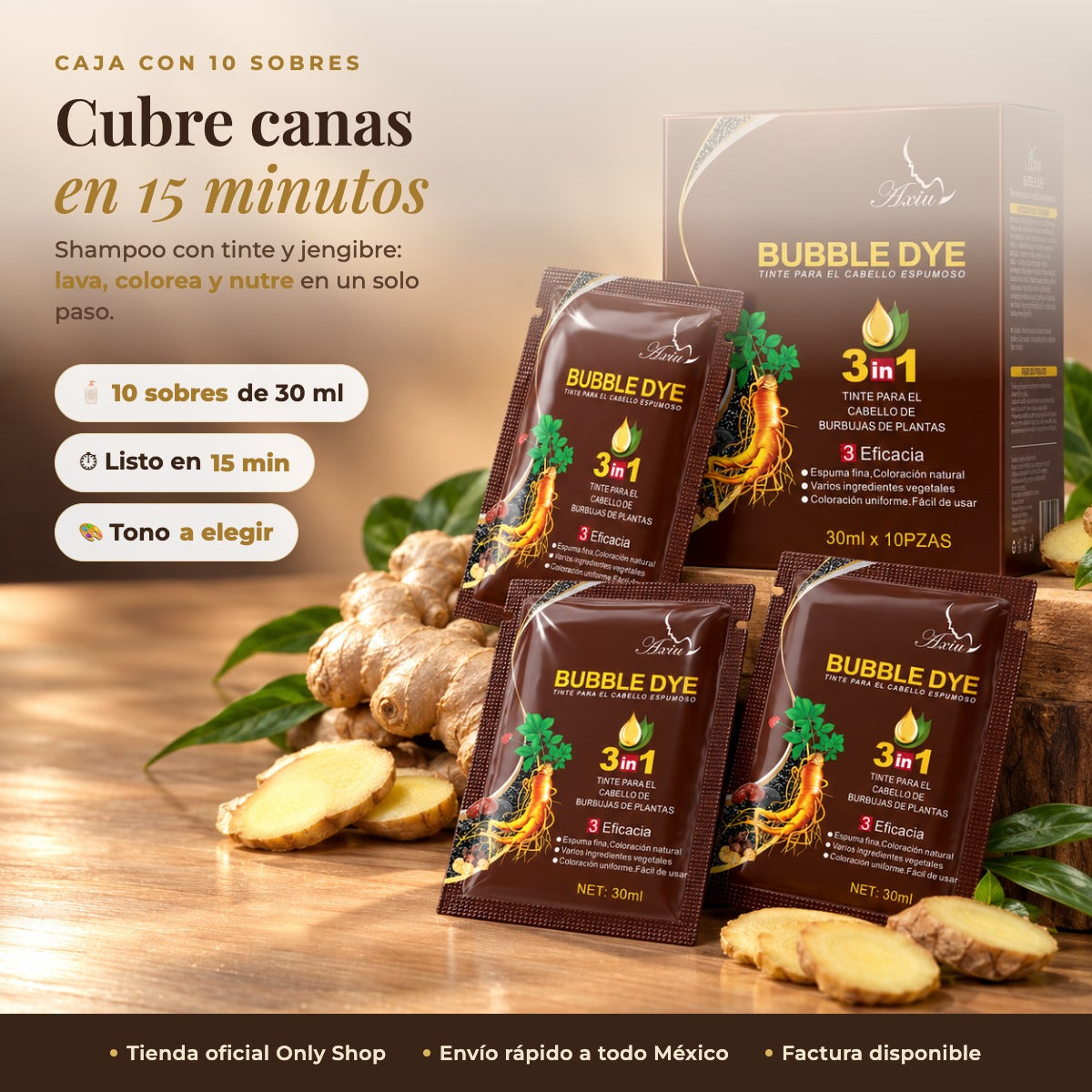 Shampoo tinte cubre canas en 15 minutos, caja con 10 sobres