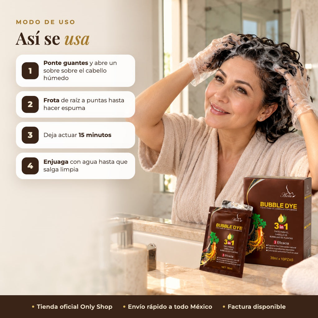 Modo de uso del shampoo tinte en sobre