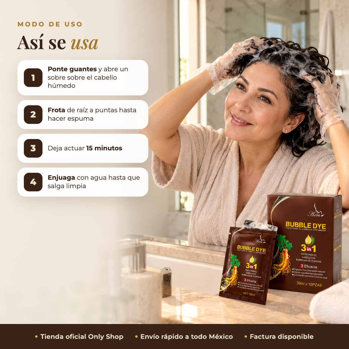 Modo de uso del shampoo tinte en sobre