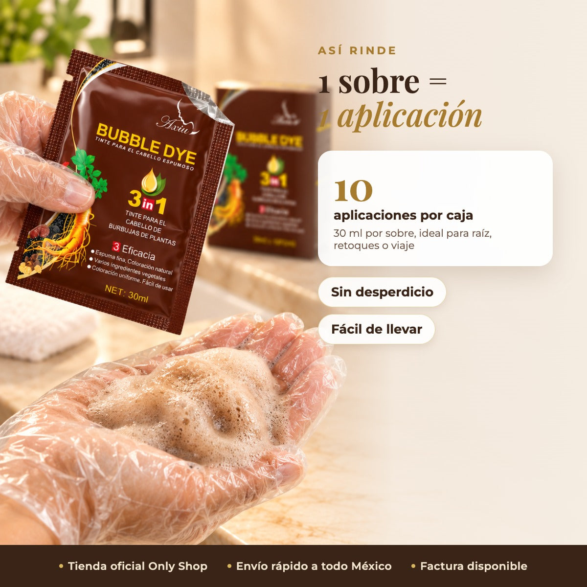 1 sobre = 1 aplicación, 10 por caja