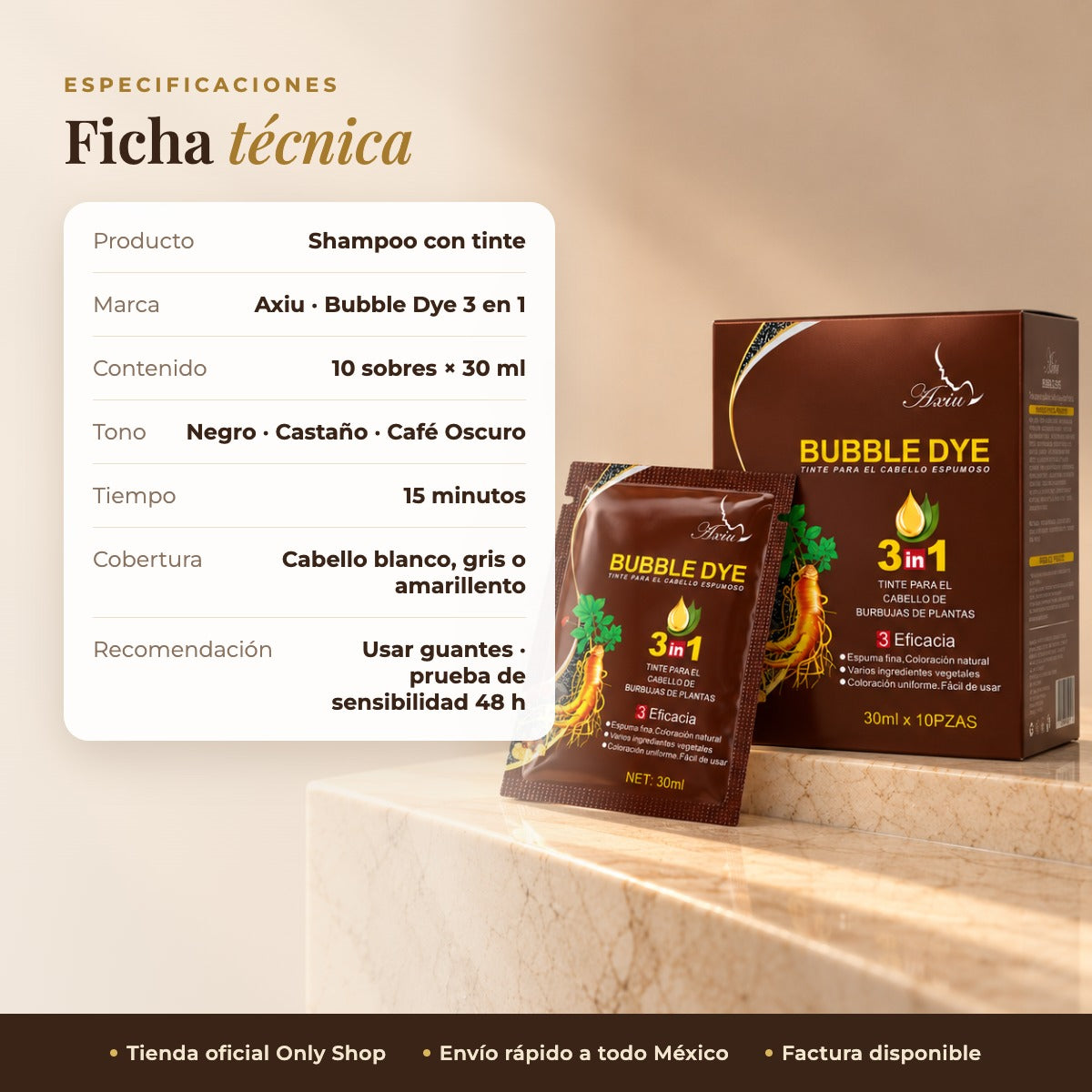 Ficha técnica shampoo tinte 10 sobres 30 ml
