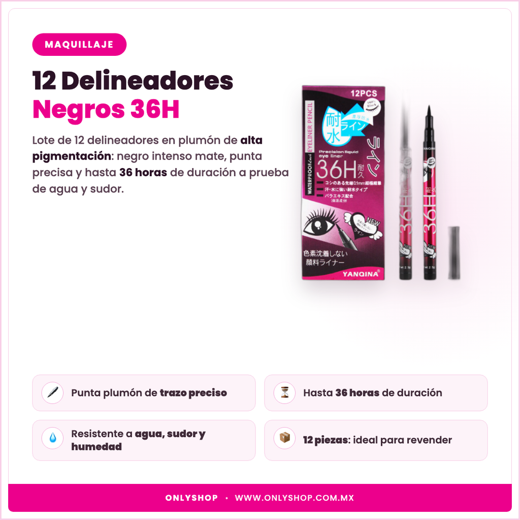 12 Delineadores Negros 36H — descripción y beneficios | OnlyShop