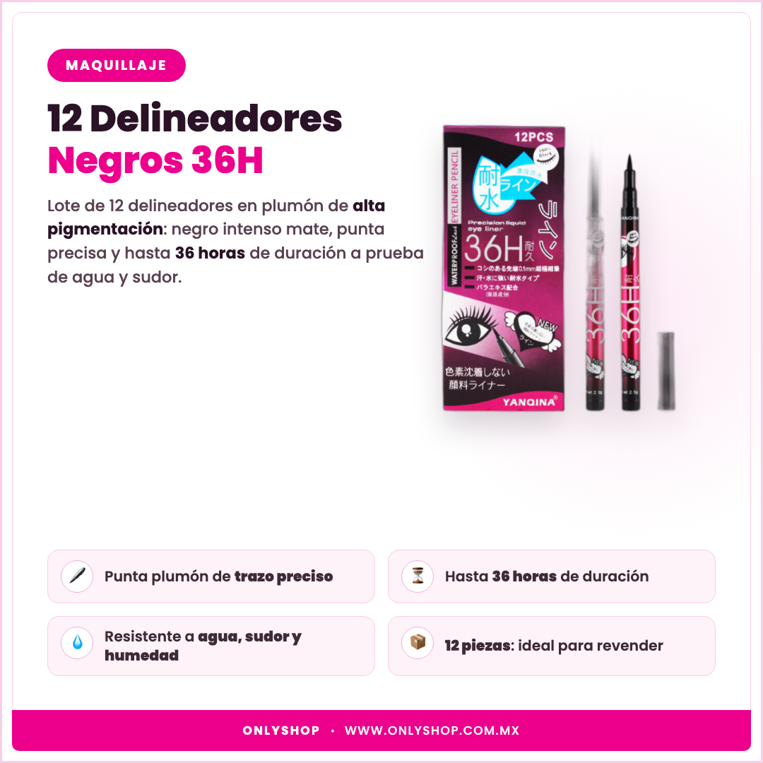 12 Delineadores Negros 36H — descripción y beneficios | OnlyShop