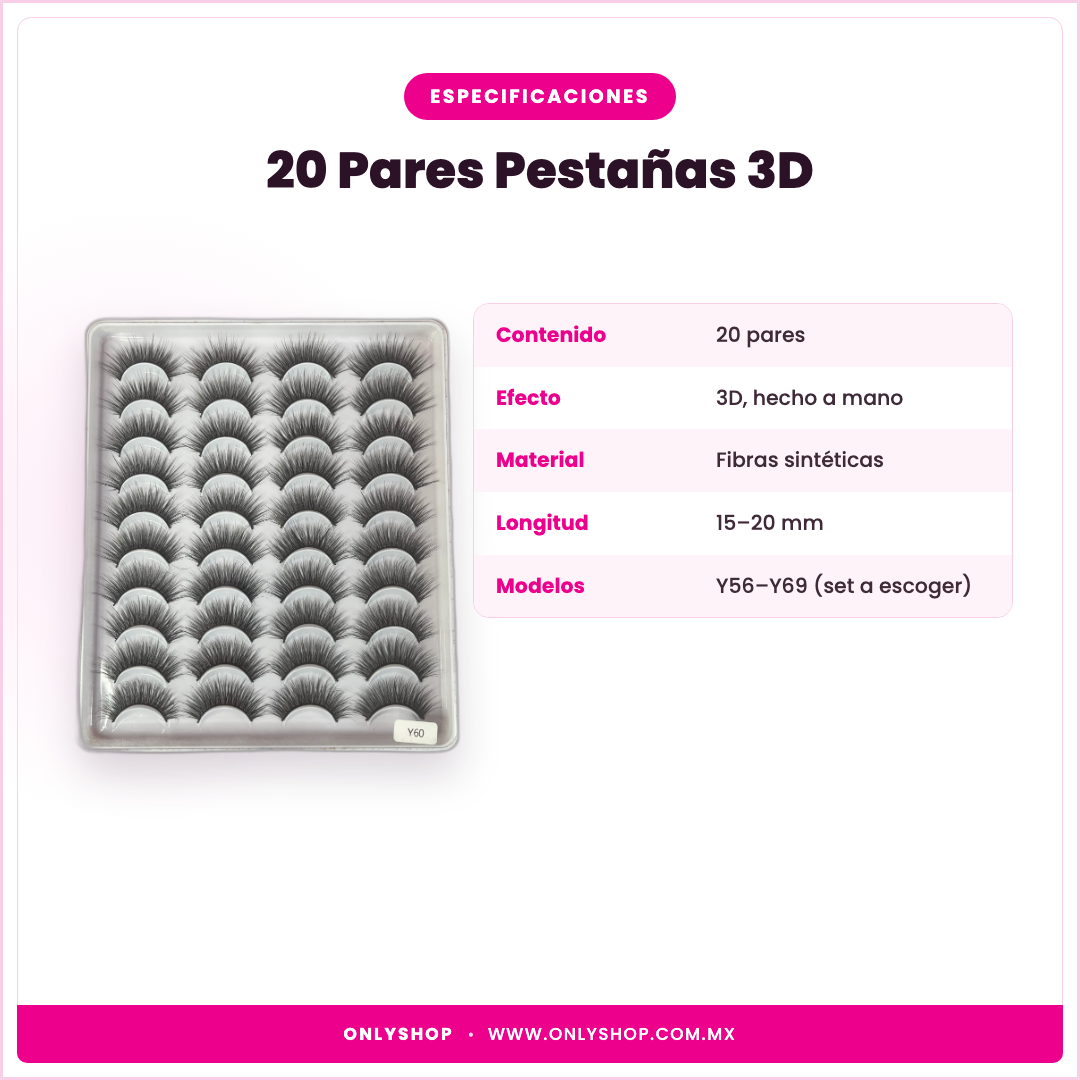 20 Pares Pestañas 3D — especificaciones | OnlyShop