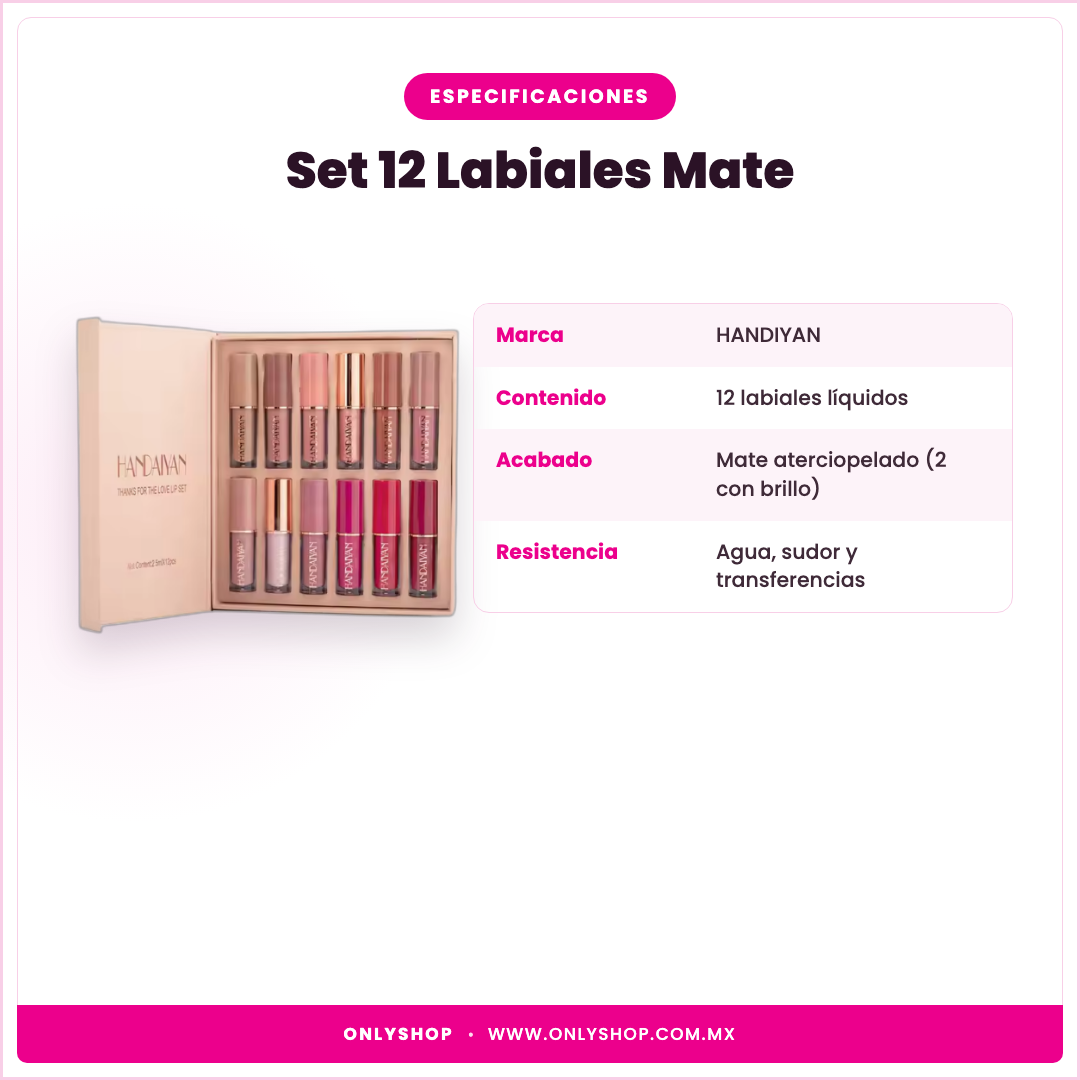 Set 12 Labiales Líquidos Mate — especificaciones | OnlyShop