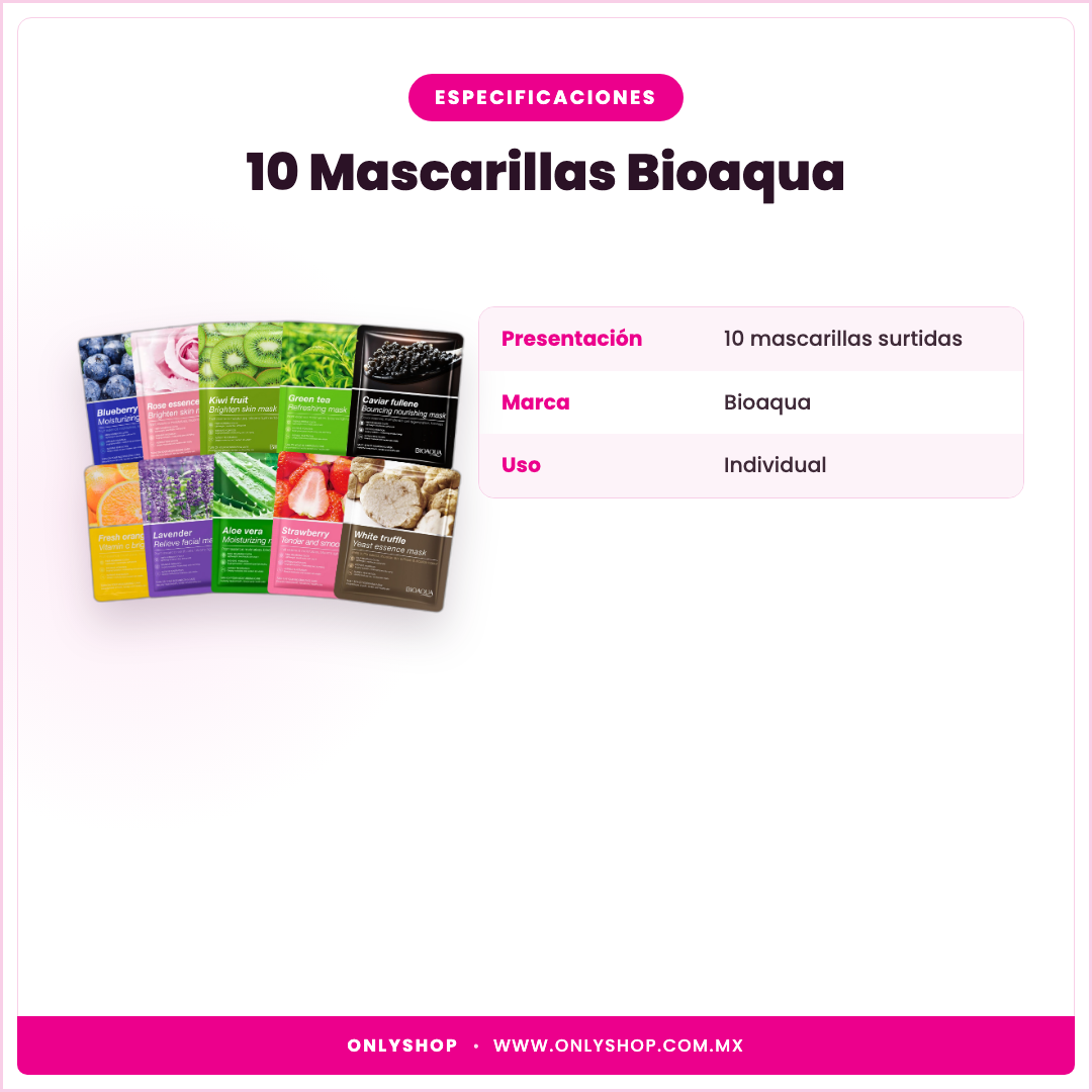 10 Mascarillas Bioaqua — especificaciones | OnlyShop